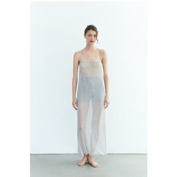 Zara Sheer Silver Metallic Sheer Ribbed Maxi Dress Spaghetti Straps Size Medium - Picture 1 of 10